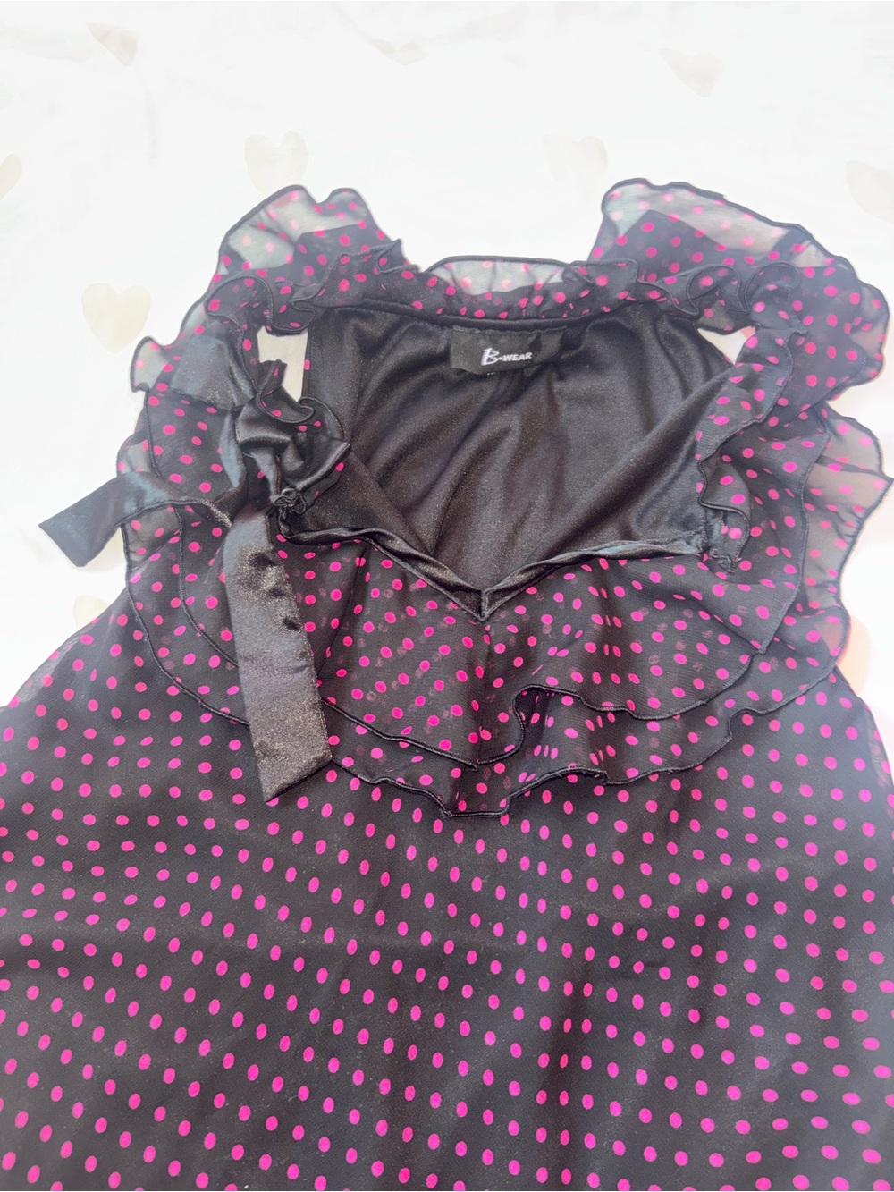 Bwear Black Sheer Ruffle Polka Dot Blouse with Pink Dots